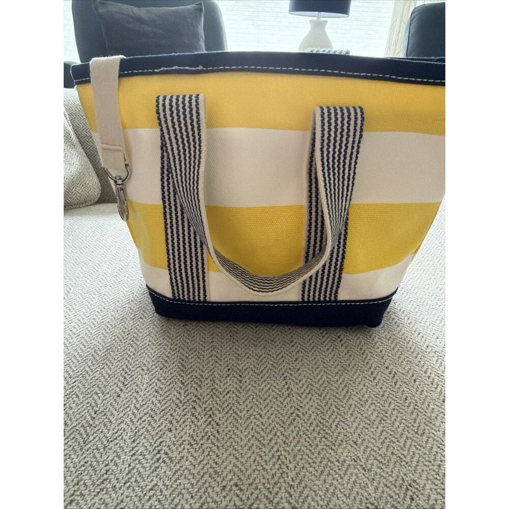 LANDS END Boat Bag Tote Nautical Yellow and Navy Stripe Mini